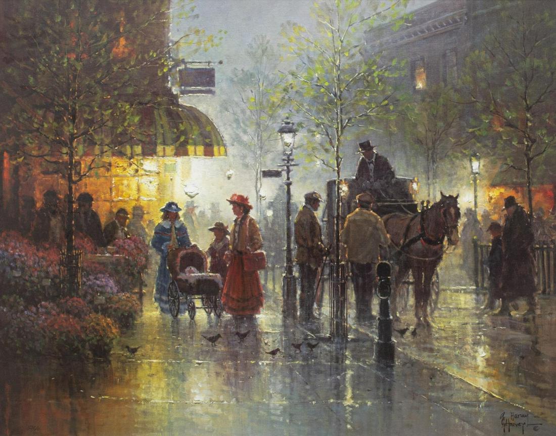 SIGNED G. HARVEY (TEXAS) CITY STREET SCENE PRINT: Framed print behind glass, "The Blessing," signed lower right G. Harvey (Gerald Harvey Jones, Texas, 1933-2017), numbered 5766 lower left, accompanied by Somerset House Publishing Certificate of Authe