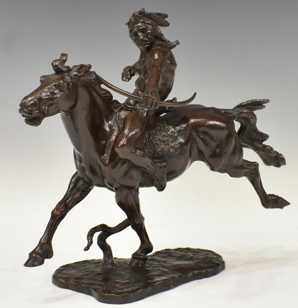 JOHN WEAVER (1920-2012) 'INDIAN HUNTER' BRONZE: Western patinated bronze sculpture, "Indian Hunter," signed in cast JW (John Barney [Jack] Weaver, American, 1920-2012), c.1975, issued by the Franklin Mint, approx 10.25"h, 11.5"w, 4.25"d, 12lbs **Pr