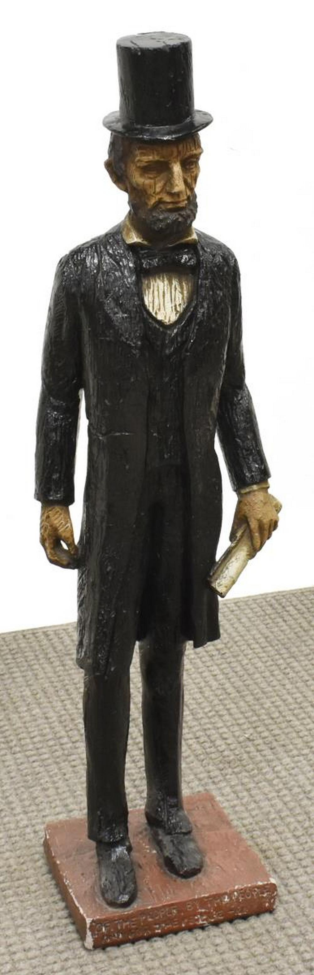 ETHAN ALLEN DISPLAY CAST & PAINTED ABE LINCOLN: Painted cast composition figure of Abraham Lincoln, c.1960s, manufactured for Ethan Allen, likely as a store display, approx 40"h, base: 9"w, 9.5"d **Provenance: From the estate of Dr. James R. Lucie,