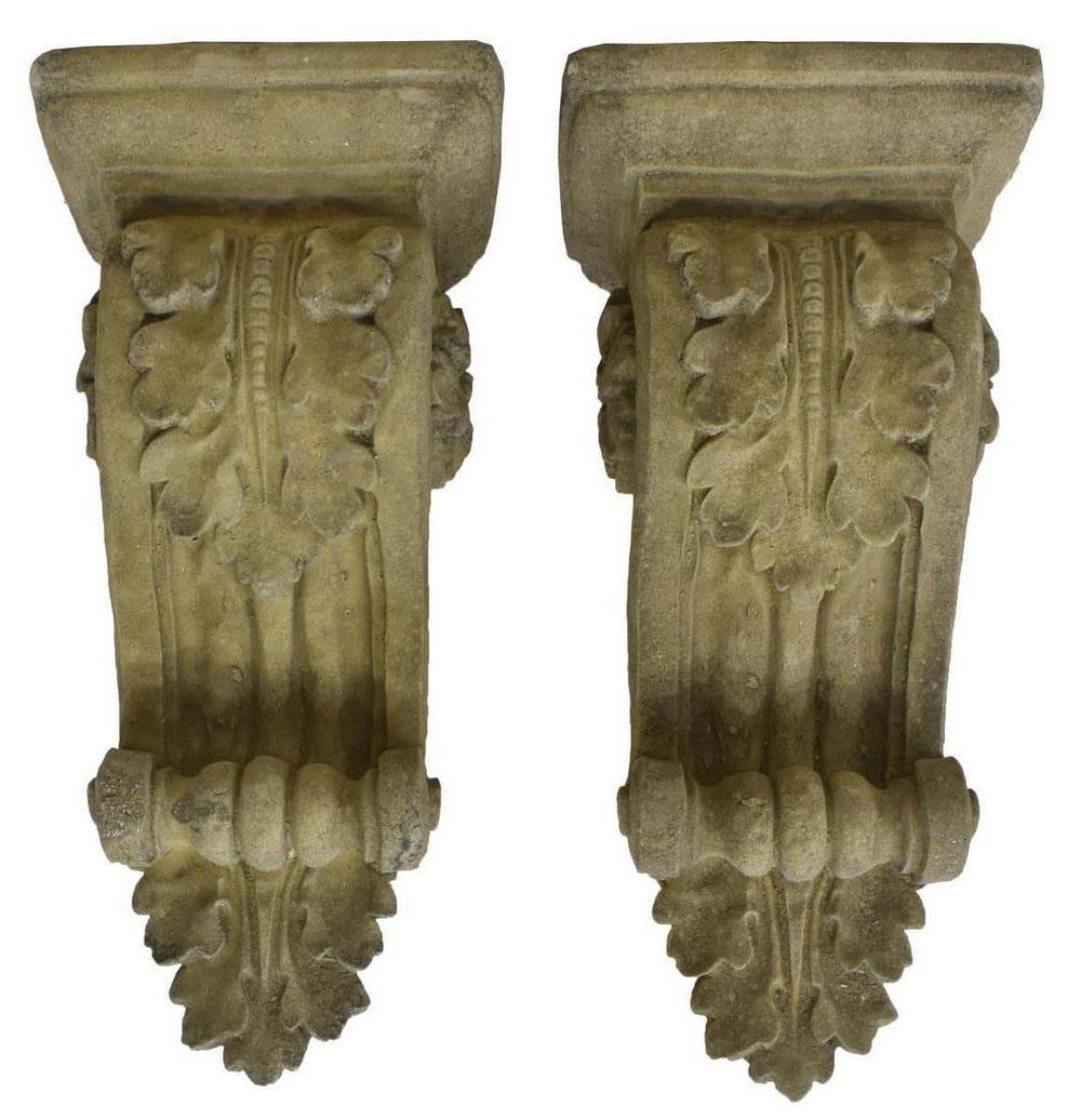 2)VICTORIAN STYLE ARCHITECTURAL CAST STONE CORBELS: (lot of 2) Victorian style architectural cast stone corbels, each in scrolling form, adorned with foliates and floral blossoms, approx 18"h, 15"w, 15"d Start Price: $50.00