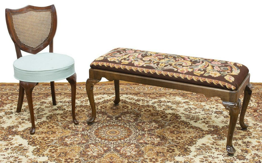 (2) SHIELD-BACK CHAIR & NEEDLEPOINT BENCH: (lot of 2) Seating, including: (1) shield-back chair, cane back, over upholstered seat, rising on Queen Anne style legs, ending in pad feet, approx 32"h, 16.25"w, 17.75"d, (1) bench, needlepoint uphol
