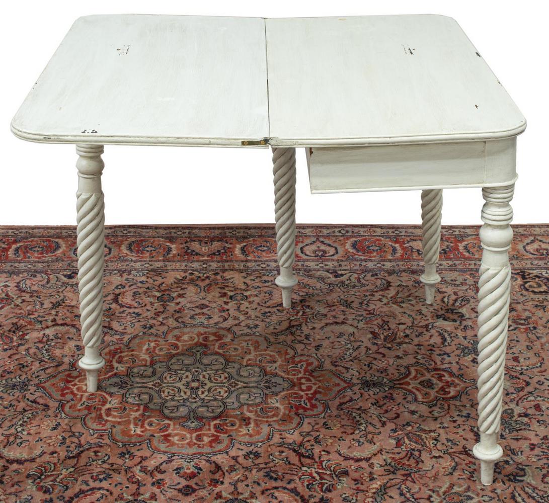 WHITE PAINTED FLIP-TOP CARD GAMES TABLE: Flip-top card table, in a later white painted finish, hinged top, rising on turned and spiral legs, hinged gate leg to support open leaf, approx 30.5"h, 36"w, 17.75"d, open: approx 35.75"d Start Price