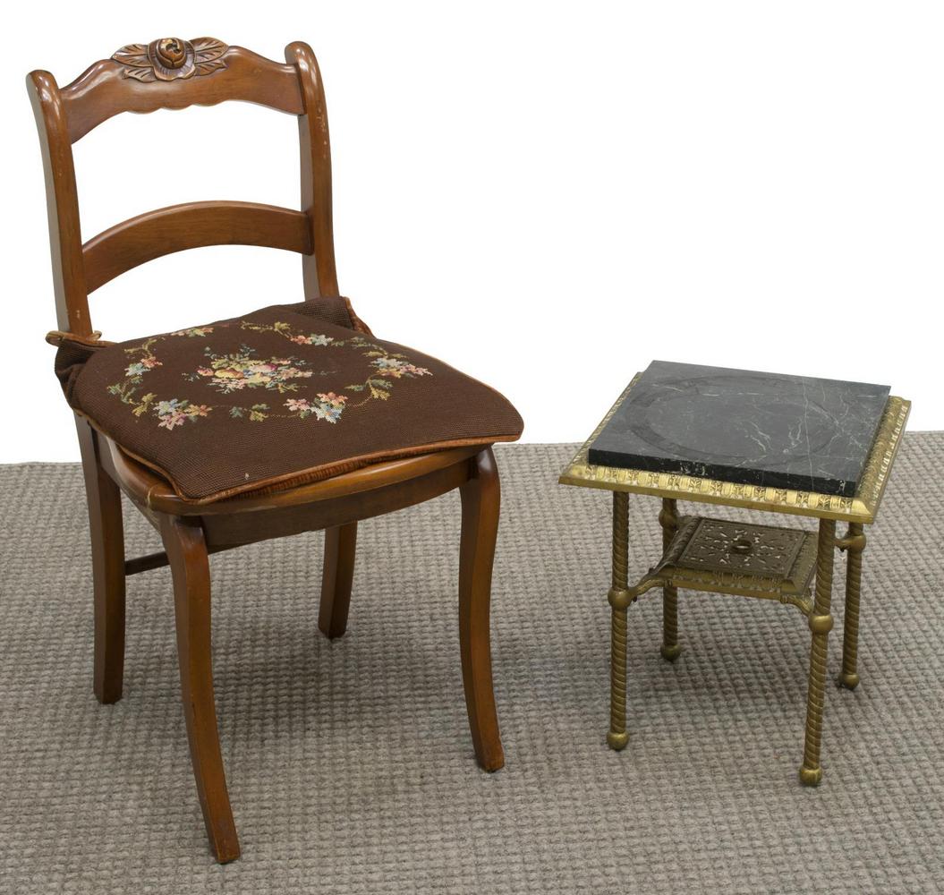 (2) MARBLE-TOP SIDE TABLE & VICTORIAN STYLE CHAIR: (lot of 2) Furniture, including: (1) Victorian style chair, early 20th c., floral-carved ladder back, cane seat with needlepoint cushion, rising on saber legs, approx 32.25"h, 17"w, 17.5"d, (1) marble