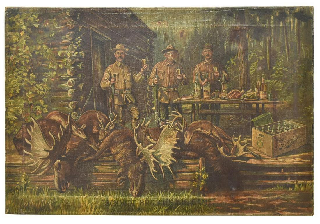 SCHMIDT BREWING COMPANY BIG GAME ADVERTISING PRINT: Unframed advertising print on stretched canvas, "Schmidt Brewing Company's Big Game," log cabin landscape with three hunters, patched repairs to canvas, approx 20"h, 30"w, 2.5lbs **Provenance: From th