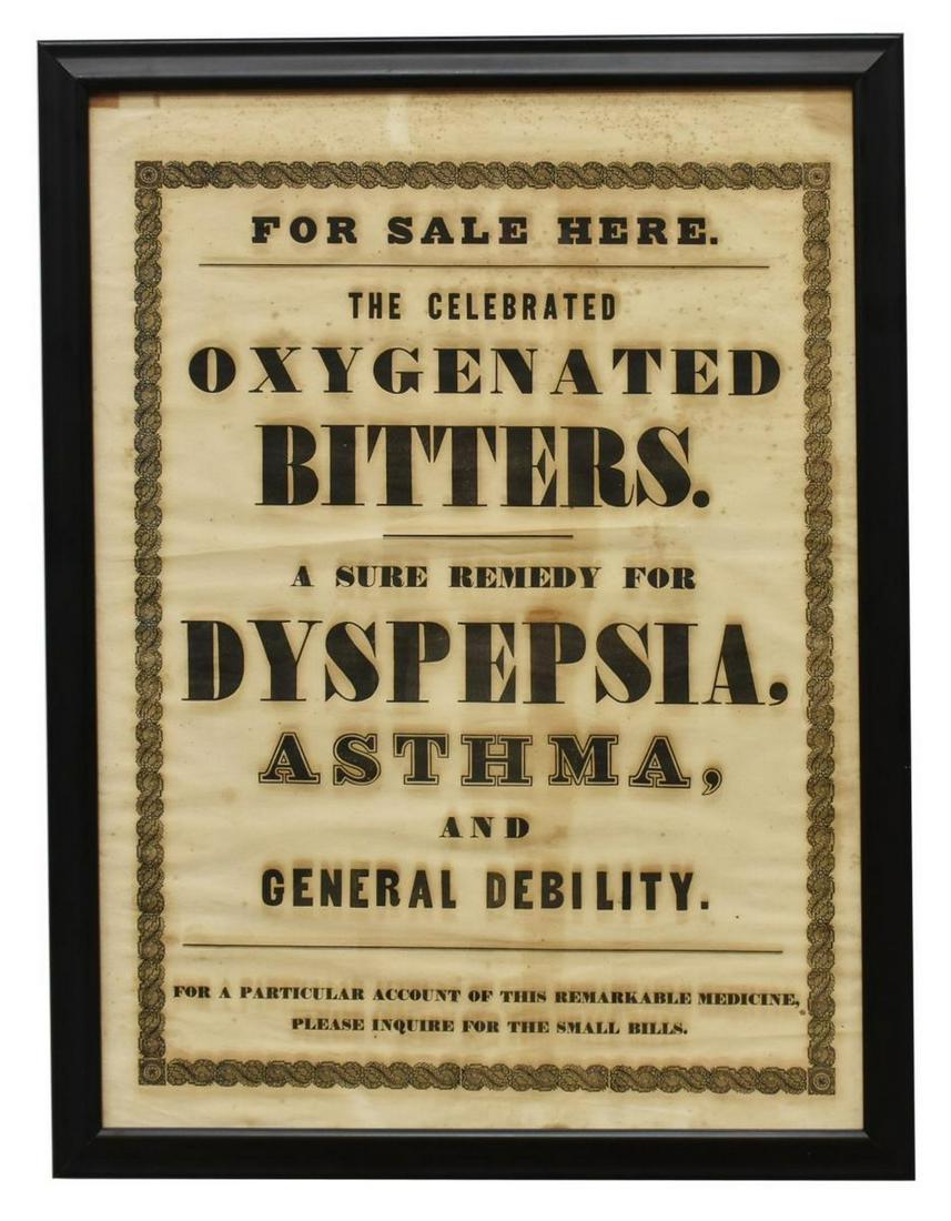 FRAMED OXYGENATED BITTERS MEDICAL ADVERTISEMENT: Framed medical advertisement, poster for the Celebrated Oxygenated Bitters, sight: approx 24.75"h, 18.25"w, overall: approx 27.25"h, 20.75"w, 6lbs **Provenance: From the estate of Dr. James R. Lucie, 