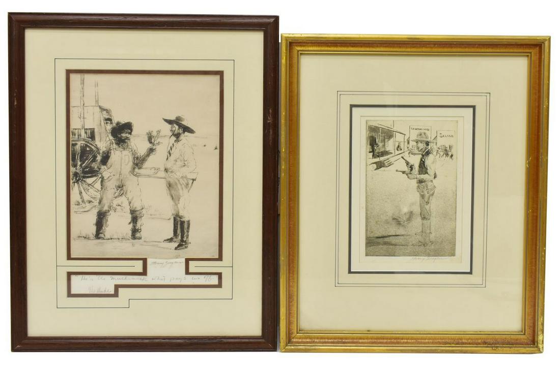 2) HENRY ZIEGLER (1889-1968) WESTERN COWBOY PRINTS: (lot of 2) Framed art prints on paper, Henry Ziegler (Henry [Harry] Ziegler, New York, 1889-1968), including: (1) drypoint etching, The Sheriff, signed lower right, sight: approx 8"h, 5.5"w, overall: