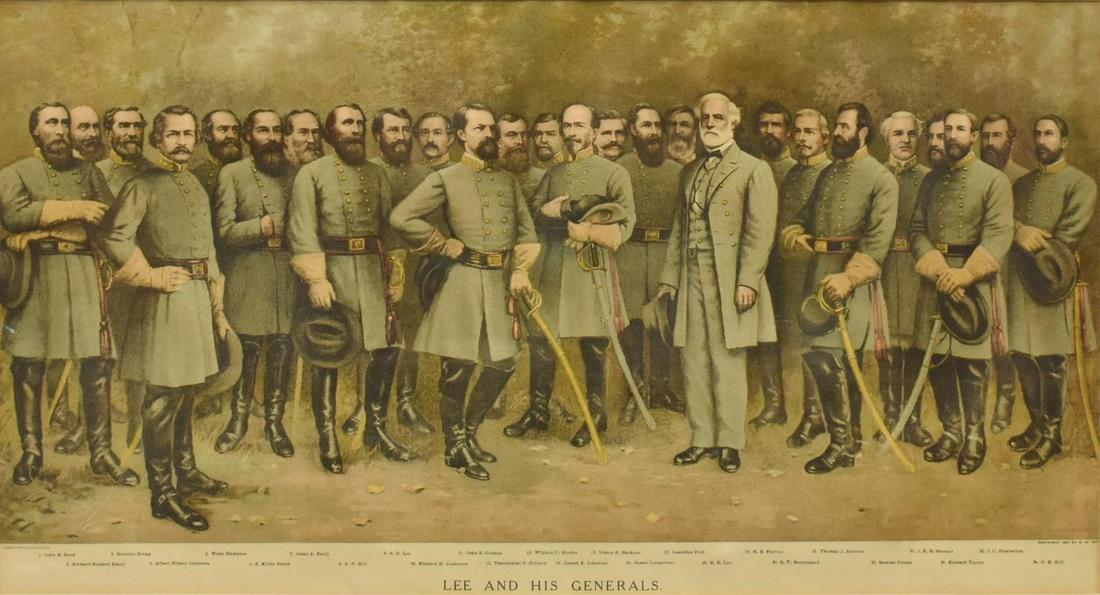 CIVIL WAR CONFEDERATE LEE & HIS GENERALS PRINT: Framed chromolithograph print on textured paper, "Lee and His Generals," singed in print G.B. Matthews, after George Bagby Matthews (American, 1857-1944), printed by the A.B. Graham Co., Washington, D