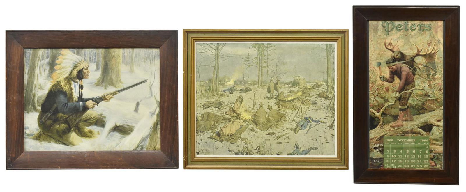 (3) FRAMED WESTERN, HUNTING & CIVIL WAR PRINTS: (lot of 3) Framed offset prints on paper, including: (1) Indian Chief with Rifle, signed in print Louis R. Dougherty, after Louis Roberts Dougherty (American, 1876-1948), sight: approx 11.5"h, 15.5"w,