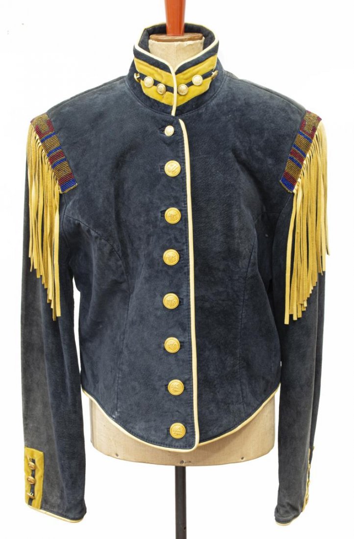 DOUBLE D RANCH CAVALRY STYLE SUEDE JACKET, SIZE M: Double D Ranch multi-color beaded cavalry style dark blue suede jacket, size M, gilt buttons, leather fringe at shoulders, short collar with stripes, appears in very good condition
