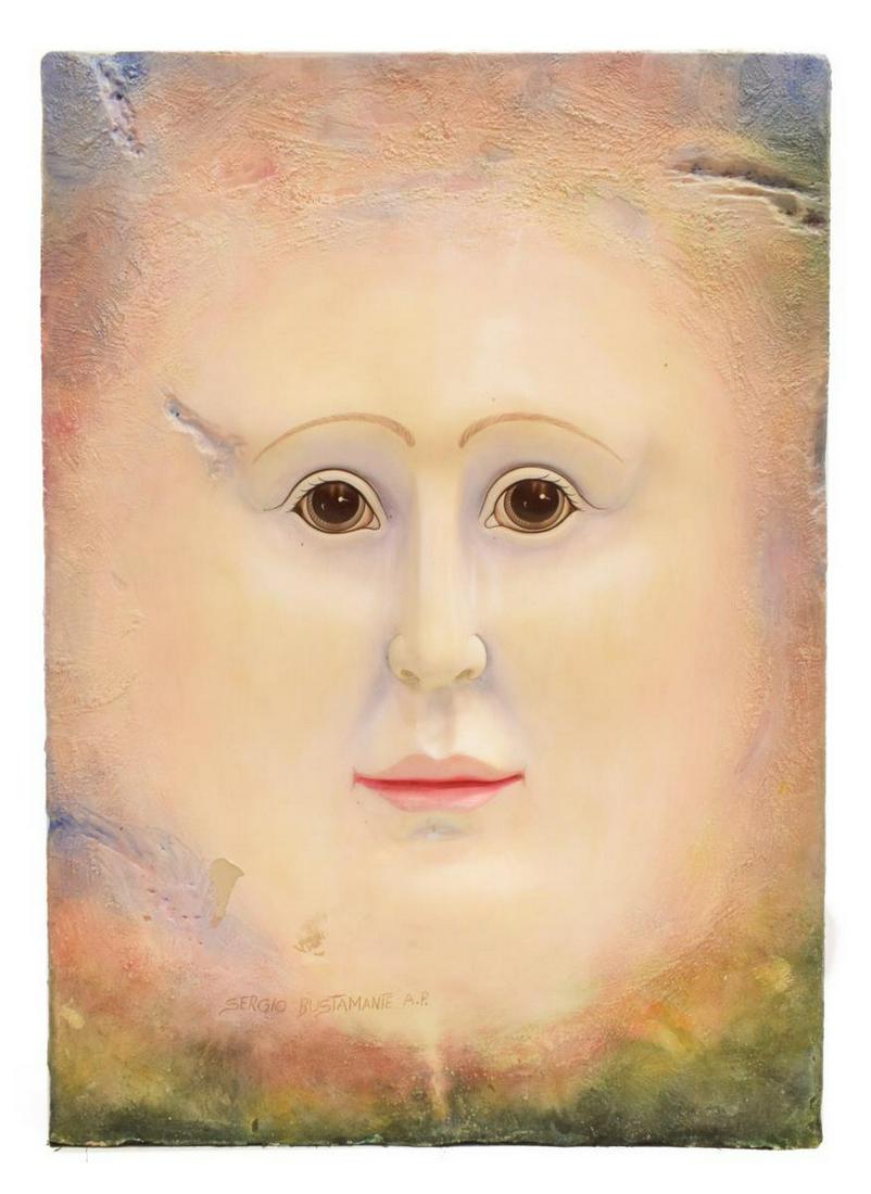 SERGIO BUSTAMANTE (B.1942) WALL W/ FACE SCULPTURE: Painted ceramic sculpture, Wall with Face, signed Sergio Bustamante (Mexican, b.1942/ 1943), A.P. (artist's proof), some paint loss, lower left corner (appears to have had a sticker removed), approx 2