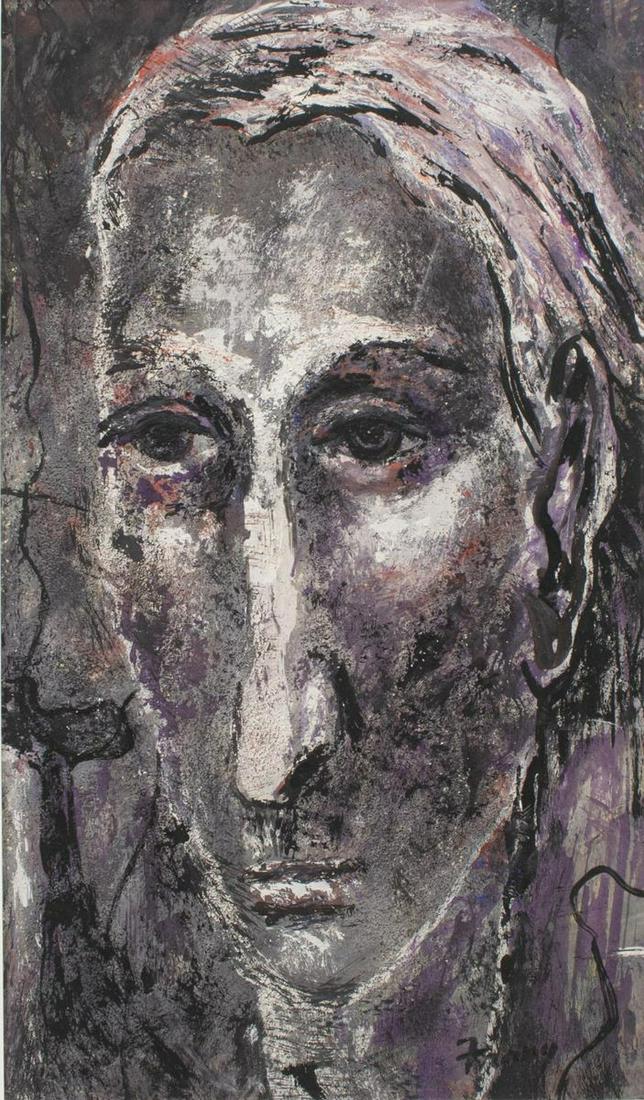 MICHAEL FRARY (1918-2005) GOUACHE PAINTING 'HEAD': Framed gouache painting, "Head," signed lower right Frary (Michael Frary, Texas, California, 1918-2005), titled and dated 1995 verso, sight: approx 17.5"h, 10"w, overall: approx 26.75"h, 18.75"w, 6lbs