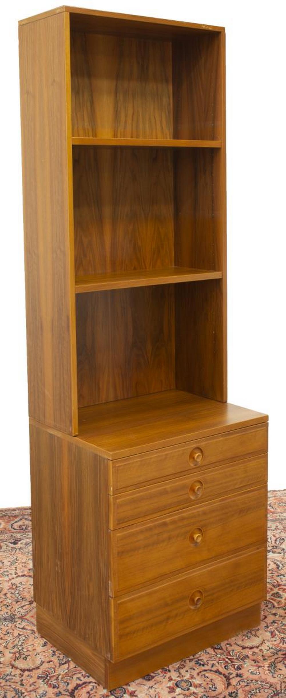 BODAFORS MID-CENTURY MODERN TEAK CHEST: Mid-century modern teak chest, designed by Bertil Fridhagen (Swedish, 1905-1993) for Bodafors, c.1960s, superstructure with two adjustable shelves, lower case fitted with four drawers, rising on a pli