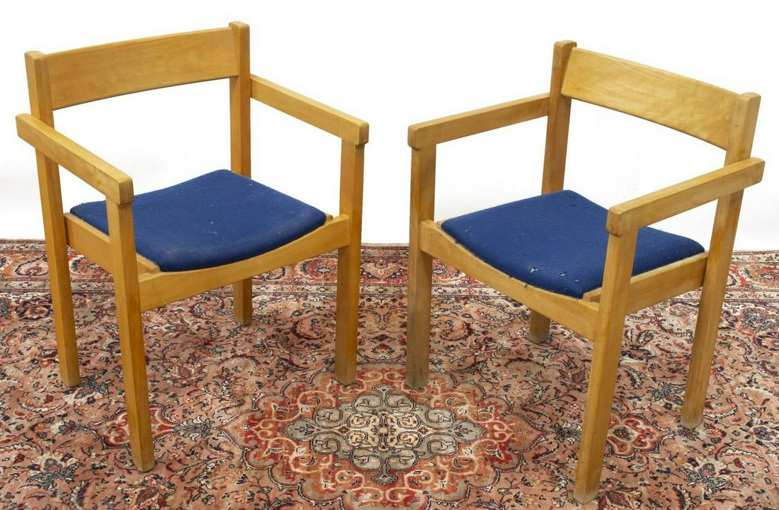 (2) DANISH MODERN HANS WEGNER OAK ARMCHAIRS: (lot of 2) Danish modern oak armchairs, designed by Hans J. Wegner (Denmark, 1914-2007), bentwood back, straight arms, upholstered seat, on block supports, tears to seat fabric, approx 30.5"h, 22.25"w