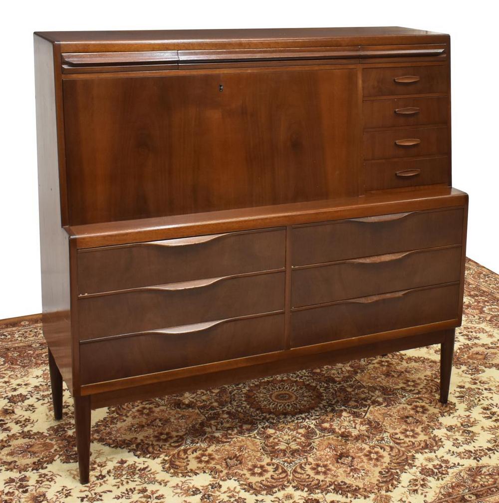 DANISH ERLING TORVITS MID-CENTURY MODERN BUREAU: Danish mid-century modern bureau, Erling Torvits (Danish, b.1925), c.1960s, fitted with a fall-front panel, opening to interior gallery, flanked by four side drawers, over six drawers, rising on taper