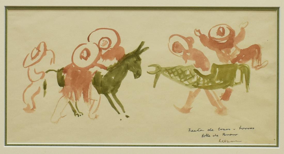 GUSTAV LIKAN (1912-1998) MEXICO WATERCOLOR SKETCH: Framed watercolor painting on paper, "Fiesta de Locos & Toros, Valle de Bravo," signed lower right Likan (Gustav Likan, Texas, Illinois, Germany, 1912-1998), Austin Galleries label verso, sight: appro