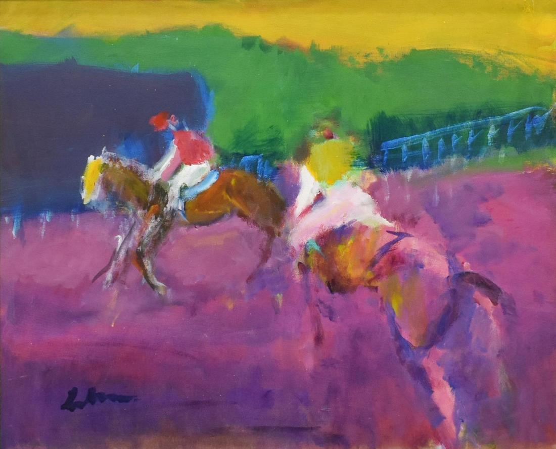 GUSTAV LIKAN (1912-1998) JOCKEY PAINTING 24" X 30": Framed oil on canvas painting, Jockeys, signed lower left Likan (Gustav Likan, German, American, 1912-1998), sight: approx 23.5"h, 29.5"w, overall: approx 32.75"h, 38.75"w, 13.5lbs Start Price: $300.0