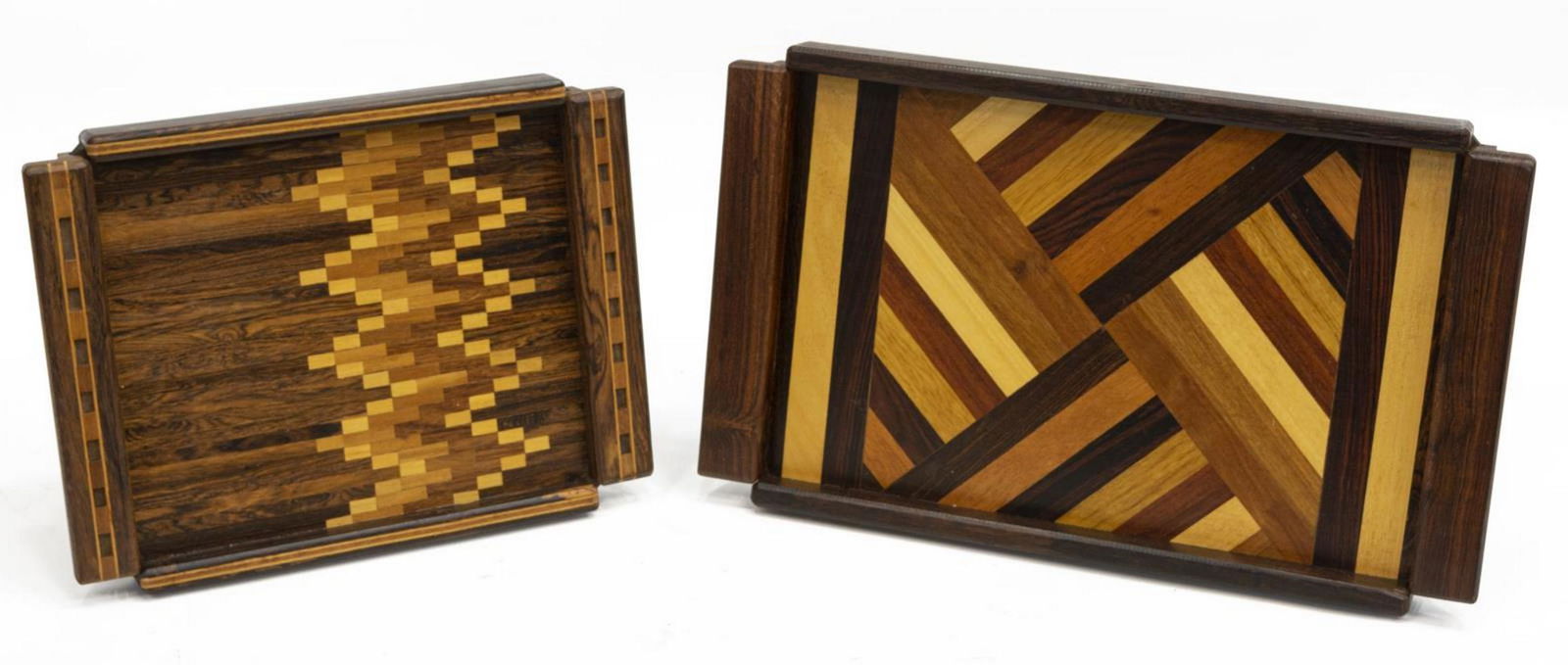 (2) DON SHOEMAKER (MEXICO, D.1990) MARQUETRY TRAYS: (lot of 2) Mexican Modernist marquetry trays, Don Shoemaker (American, 1920-1990), mixed wood, each in rectangular form, having dual handles, geometric marquetry inlay motif, retaining maker's label v