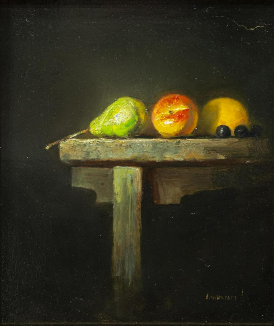 LINDY SCHILLACI (B.1959) STILL LIFE FRUIT PAINTING: Framed oil on panel painting, "Trio" (Still Life with Fruit), signed lower right L. Schillaci (Lindy Bailey Schillaci, Texas, b.1959), Jack Meier Gallery label verso, sight: approx 9"h, 7.5"w, overall