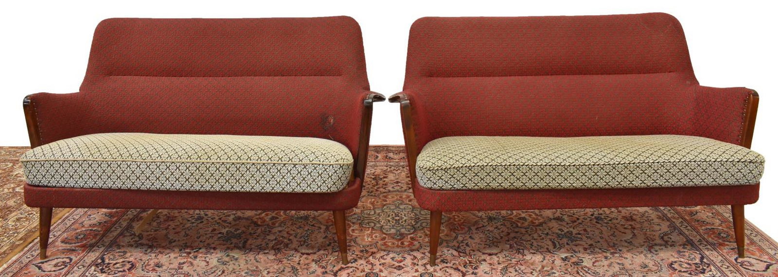 (2) DANISH MID-CENTURY MODERN UPHOLSTERED SOFAS: (lot of 2) Danish mid-century modern sofas, c.1960s, upholstered back and closed arms, bench cushion, rising on tapered legs, approx 33.25"h, 56"w, 24"d Start Price: $400.00