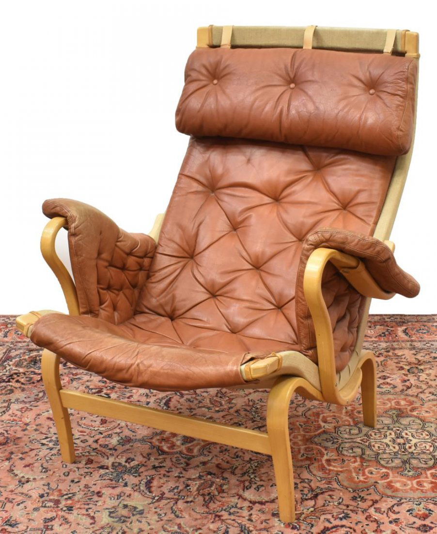 MID-CENTURY BRUNO MATHSSON 'PERNILLA' LOUNGE CHAIR: Mid-century modern "Pernilla" lounge chair, designed by Bruno Mathsson (Swedish, 1907-1988) for Dux, c.1960s, tufted leather seat and arm covers, over canvas sling, on a bentwood beech frame, signed a