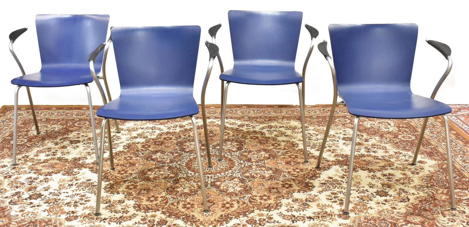 (4) MODERN VICO MAGISTRETTI FRITZ HANSEN ARMCHAIRS: (lot of 4) Modern stacking chairs, designed by Vico Magistretti (Italian, 1920-2006) for Fritz Hansen, c.2006, blue bentwood seat, tubular metal frame, with rubber arm pads, approx 29"h, 24.25"w, 15"d