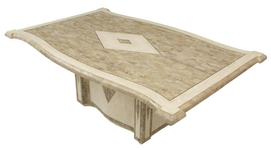 MODERN THAYER COGGIN STONE PEDESTAL DINING TABLE: Modern dining table, Thayer Coggin, c.1980s, with tessellated stone/ marble tiled surface, shaped tabletop, over center pedestal base, label at underside of tabletop, approx 30.5"h, 78"w, 49"d Start P