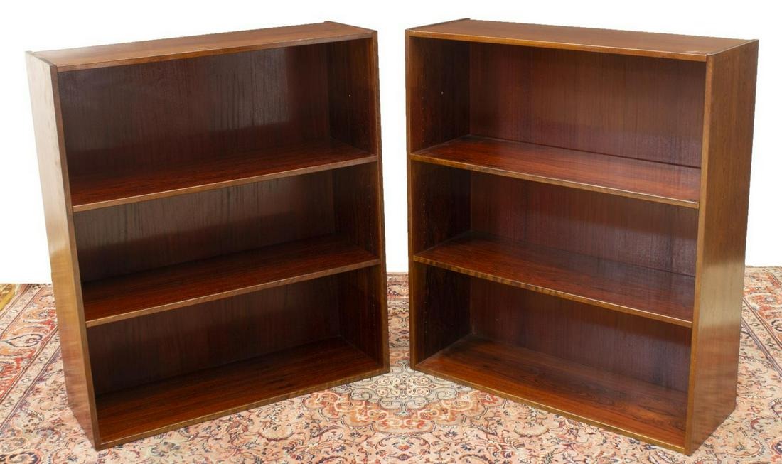 (2) DANISH MID-CENTURY MODERN MATCHED BOOKCASES: (lot of 2) Danish mid-century modern bookcases, c.1960s, rectangular case with three shelves, approx 41"h, 35"w, 12"d Start Price: $200.00