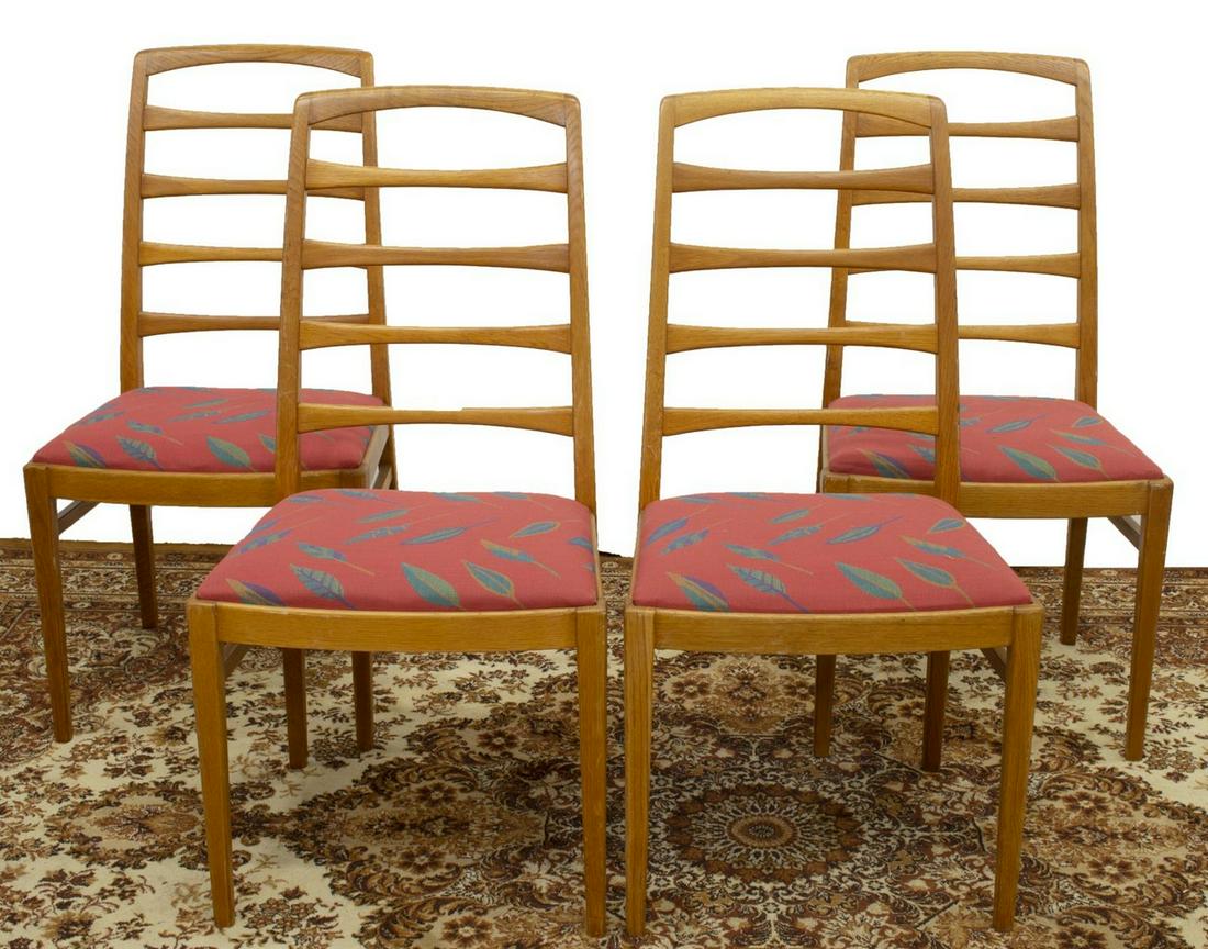(4) BODAFORS MID-CENTURY MODERN 'RENO' CHAIRS: (lot of 4) Swedish mid-century modern oak "Reno" chairs, designed by Bertil Fridhagen (Swedish, 1905-1993) for Bodafors, c.1950s, having a high ladder back, upholstered seat with leaf motifs, rising o