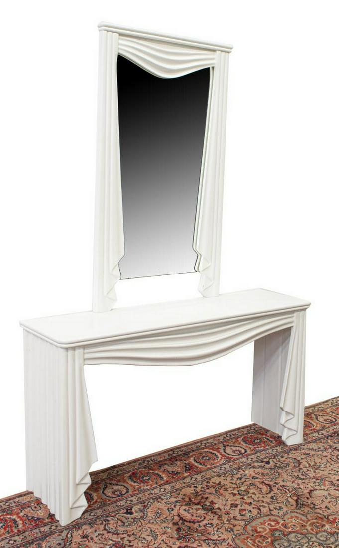 CONTEMPORARY FAUX DRAPED FABRIC CONSOLE & MIRROR: Contemporary console table and mirror, c.1980s, framed mirror, over rectangular tabletop, apron and supports modeled as draped fabric, mirror: approx 46"h, 27.25"w, table: approx 28"h, 51"w, 14"d Star