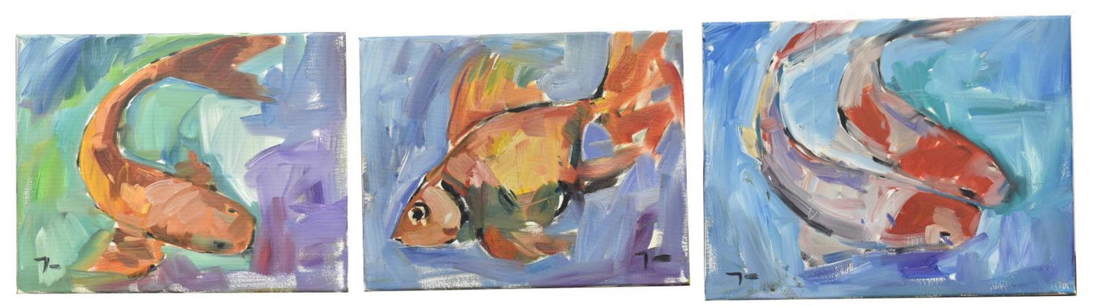(3) JOSE TRUJILLO (B.1982) KOI & GOLDFISH: (lot of 3) Unframed oil paintings on stretched canvas, Jose Trujillo (b.1982), including: (1) "Koi Pond," 12"h, 16"w, (1) "Koi Fish," 11"h, 14"w, (1) "Goldfish," 11"h, 14"w; 1.75lbs total Start Price: