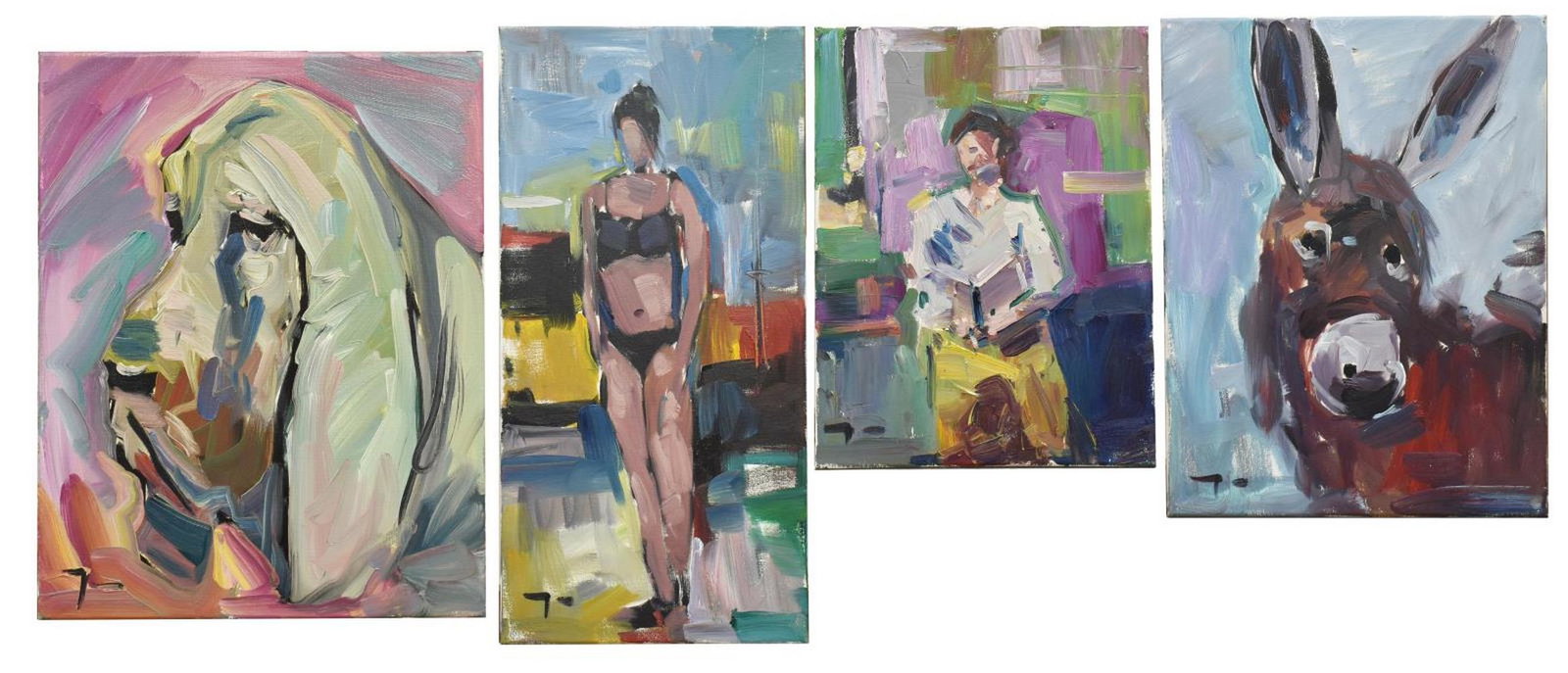 (4) JOSE TRUJILLO (B.1982) OIL ON CANVAS PAINTINGS: (lot of 4) Unframed oil paintings on stretched canvas, Jose Trujillo (b.1982), including: (1) "Afternoon Swim," 20"h, 10"w, (1) "Best Friend," 11"h, 14"w, (1) "The Donkey," 12"h, 16"w, (1) Lady in the