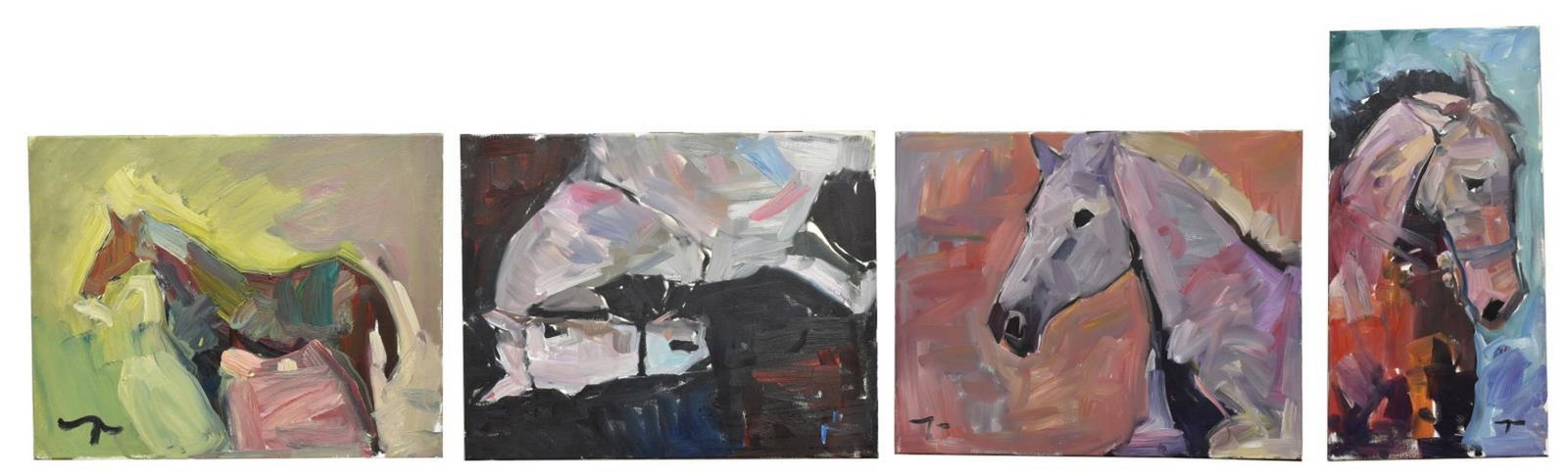 (4) JOSE TRUJILLO (B.1982) HORSE OIL PAINTINGS: (lot of 4) Unframed oil paintings on stretched canvas, Jose Trujillo (b.1982), including: (1) "The Race Horse," 24"h, 12"w, (1) "White Horse," 16"h, 20"w, (1) "Show Pony," 20"h, 16"w, (1) Horse, 16"h,