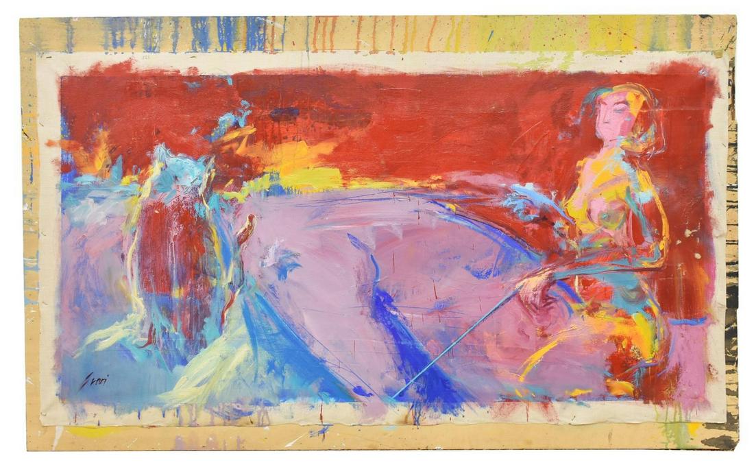 PEP SUARI (B.1957) PAINTING WOMAN ON HORSEBACK: Unframed oil on canvas stapled to board, Woman on Horseback, signed lower left Suari (Pep Suari, Spanish, b.1957), canvas: approx 33"h, 61.5"w, board: approx 38.25"h, 63.75"w, 14lbs Start Price: $200.