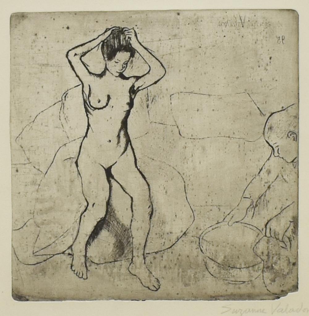 SUZANNE VALADON (1865-1938) LA TOILETTE ENGRAVING: Framed engraving on paper, "La Toilette," signed and dated 1895 in plate upper right, pencil signed lower right Suzanne Valadon (French, 1865-1938), sight: approx 10.75"h, 10.5"w, overall: approx 24.2