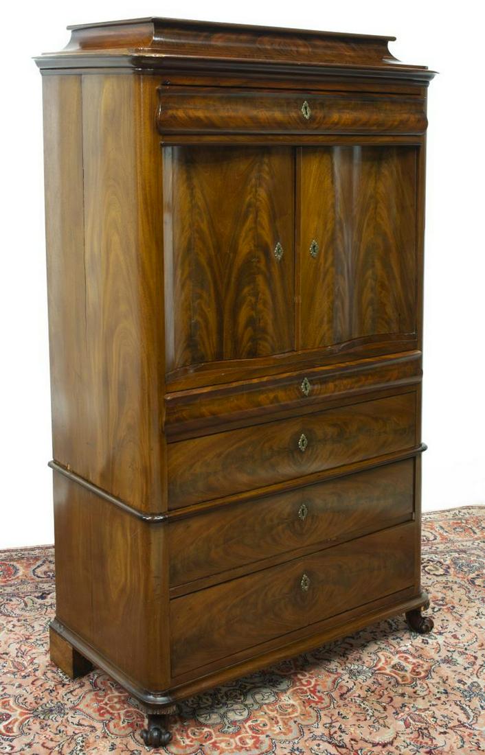 DANISH BIEDERMEIER MAHOGANY SECRETARY, 19TH C.: Danish Biedermeier mahogany secretary, 19th c., stepped top, over frieze drawer, two undulating cabinet doors, opening to three marquetry inlaid drawers and interior storage, slim drawer with two cove