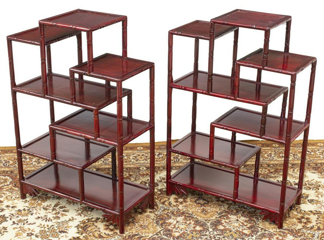 (2) CHINESE ROSEWOOD MULTI-TIER DISPLAY SHELVES: (pair) Chinese rosewood display shelves, each multi-tiered, with faux-bamboo carved frame, foliate accents on rectangular base, approx 30"h, 20"w, 9"d; 22lbs total Start Price: $60.00