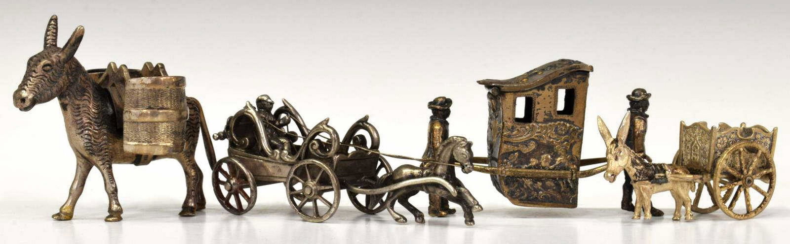 (4) 800 SILVER MINIATURE HORSE CART & SEDAN CHAIR: (lot of 4) Continental 800 silver miniatures, including: (1) horse-drawn cart, with moveable wheels, approx 1.5"h, 3.25"l, 1.5"w, (1) sedan chair, with hinged top, two porters, approx 1.75"h, 2.75"l, 