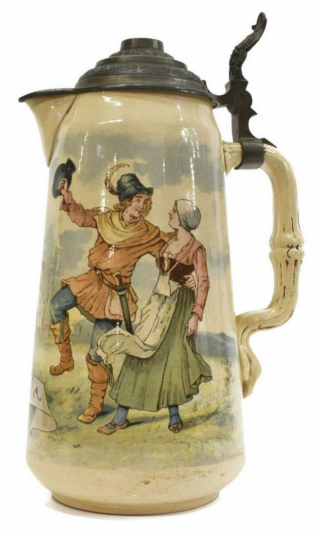METTLACH BEER STEIN, MUSIC, LOVE & DRINK, #2348: Mettlach 3.3L pottery beer stein, Music, Love and Drinking in Folklife, #2348, the body with banner and text "Musik, Lieb und Gerstensaft gibt Freud und Lebenskraft," showing a polychrome transfer sce