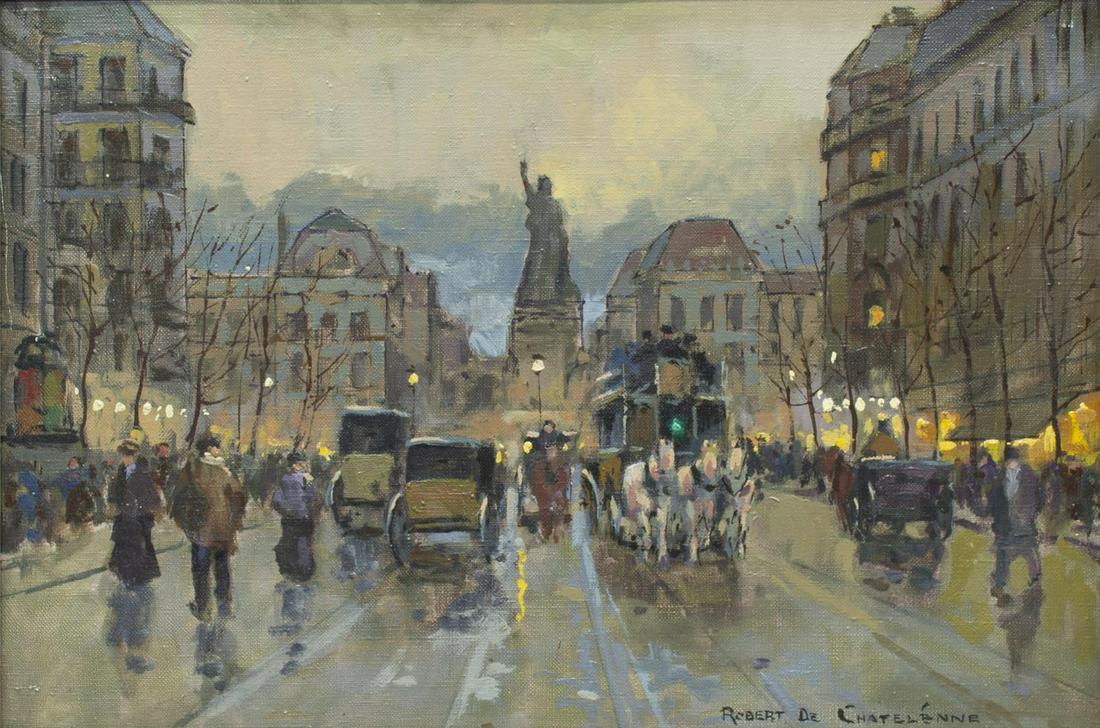 ROBERT DE CHATELENNE PARIS STREET SCENE PAINTING: Framed oil on canvas painting, Place de la Republique, signed lower right Robert de Chatelenne (Texas, 20th c.), Country Store Gallery label, sight: approx 11.75"h, 17"w, overall: approx 19.25"h, 24.5