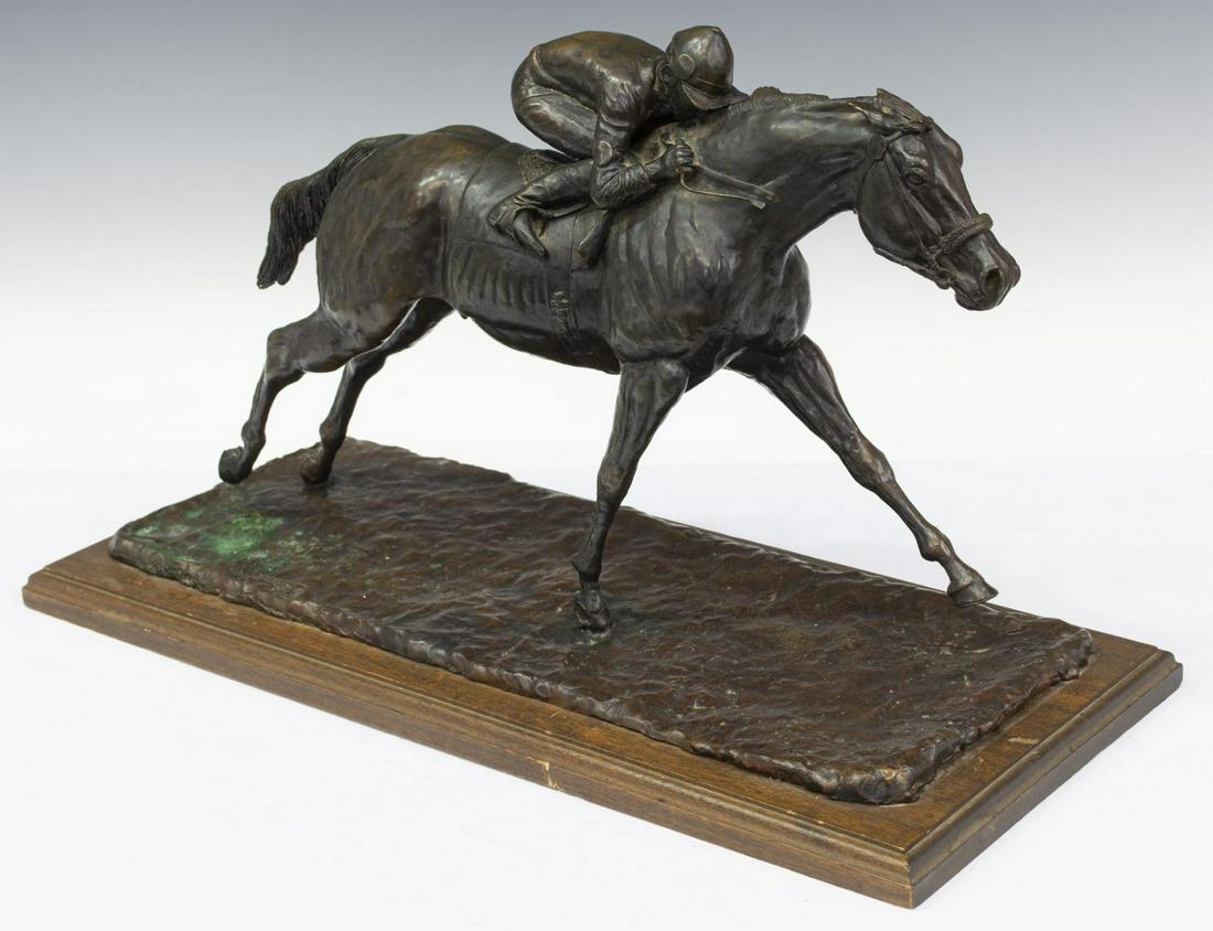 RANDY STEFFEN (D.1977) RACE HORSE BRONZE SCULPTURE: Patinated bronze sculpture, Race Horse and Jockey, signed in cast Randy Steffen (Texas, 1917-1977), rising on rectangular wood base, approx 12.5"h, 22"w, 9.5"d, 34lbs Start Price: $300.00