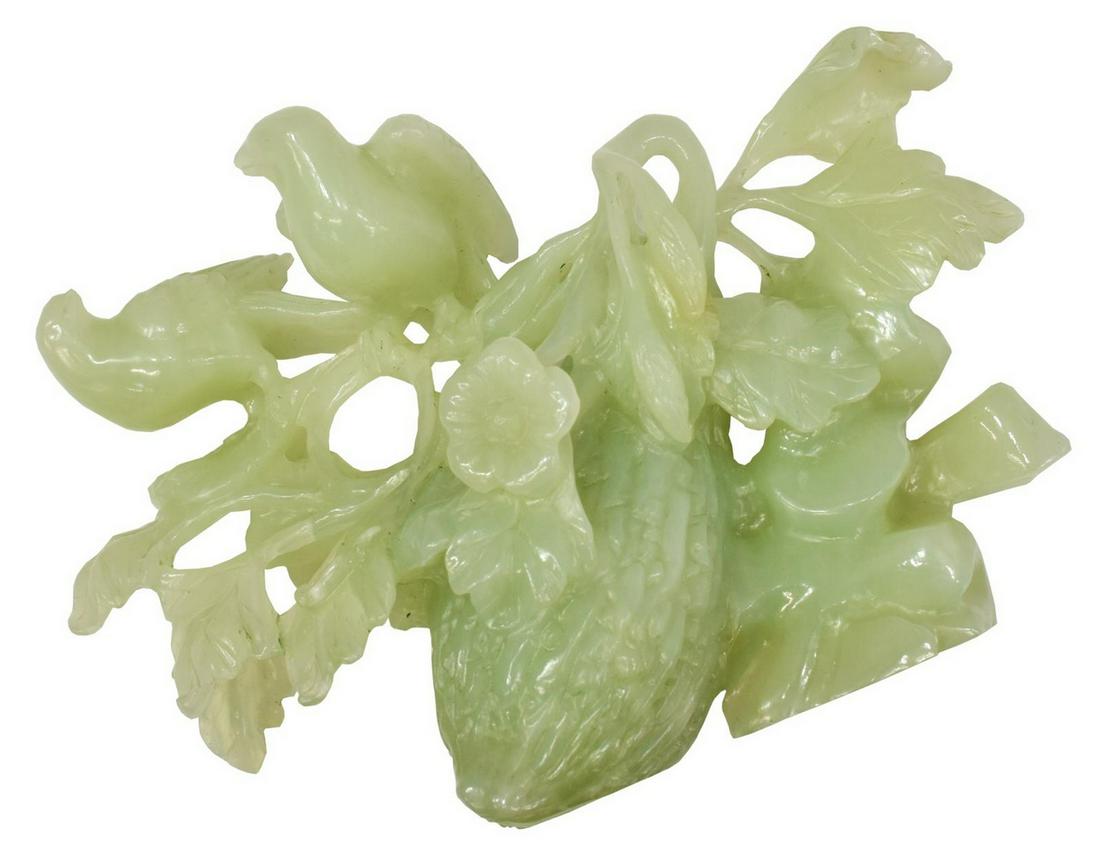 CHINESE CARVED JADE TREE, FRUIT, FLOWERS & BIRDS: Chinese pierced and carved jade with birds resting on a floral bearing fruit etrog tree, approx 4.75"h, 7w, 2.5"d, housed in a red box: approx 3.5"h, 8.75"w, 5"d Start Price: $80.00