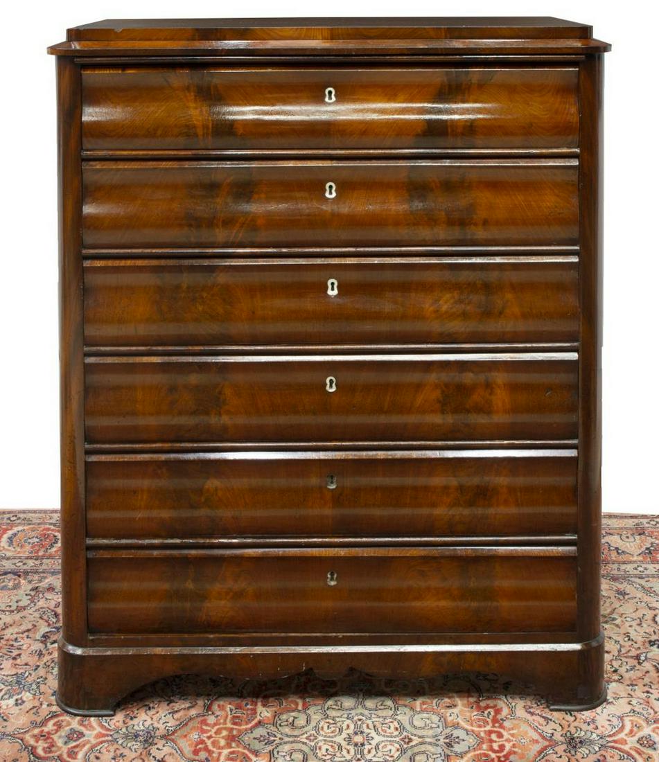 DANISH MAHOGANY SIX-DRAWER TALL CHEST: Danish mahogany chest of drawers, mid 19th c., six drawers with mother of pearl key escutcheons, rising on bracket feet, lowest two drawers lacking escutcheons, approx 51.5"h, 27"w, 18"d Start Price: 