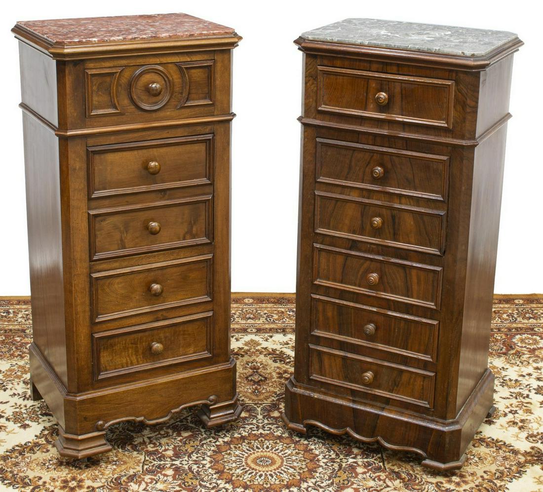 (2) FRENCH LOUIS PHILIPPE MARBLE-TOP NIGHTSTANDS: (lot of 2) French Louis Philippe period marble-top nightstands, 19th c., varied, of similar size and form, with canted marble top, over case fitted with single frieze drawer, cabinet opening to marble