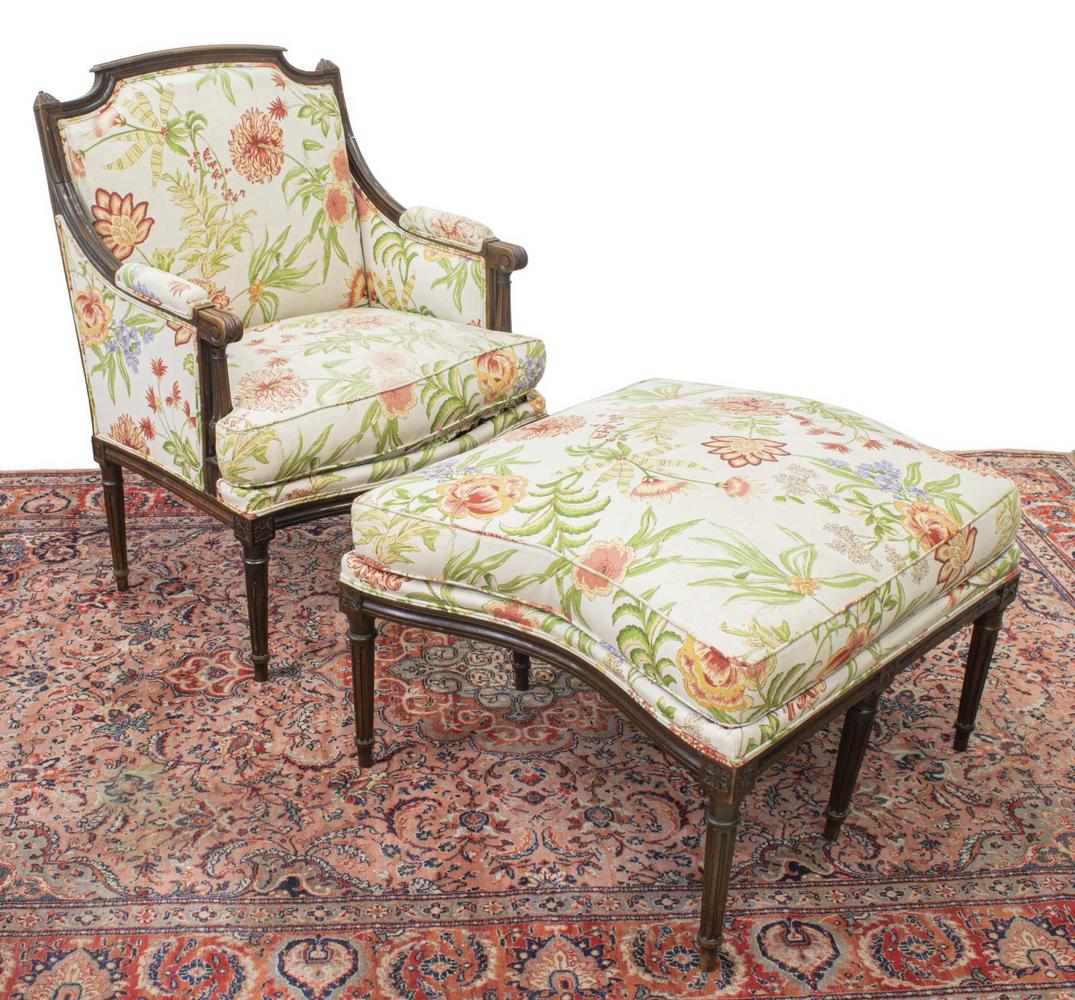 (2) FRENCH LOUIS XVI STYLE DUCHESSE BRISEE: (2 piece) French Louis XVI style walnut duchesse brisse, early 20th c., in polychrome floral upholstery, comprising: (1) bergere/ armchair, with fluted frame, scrolled arms, foliate accents, on tapere