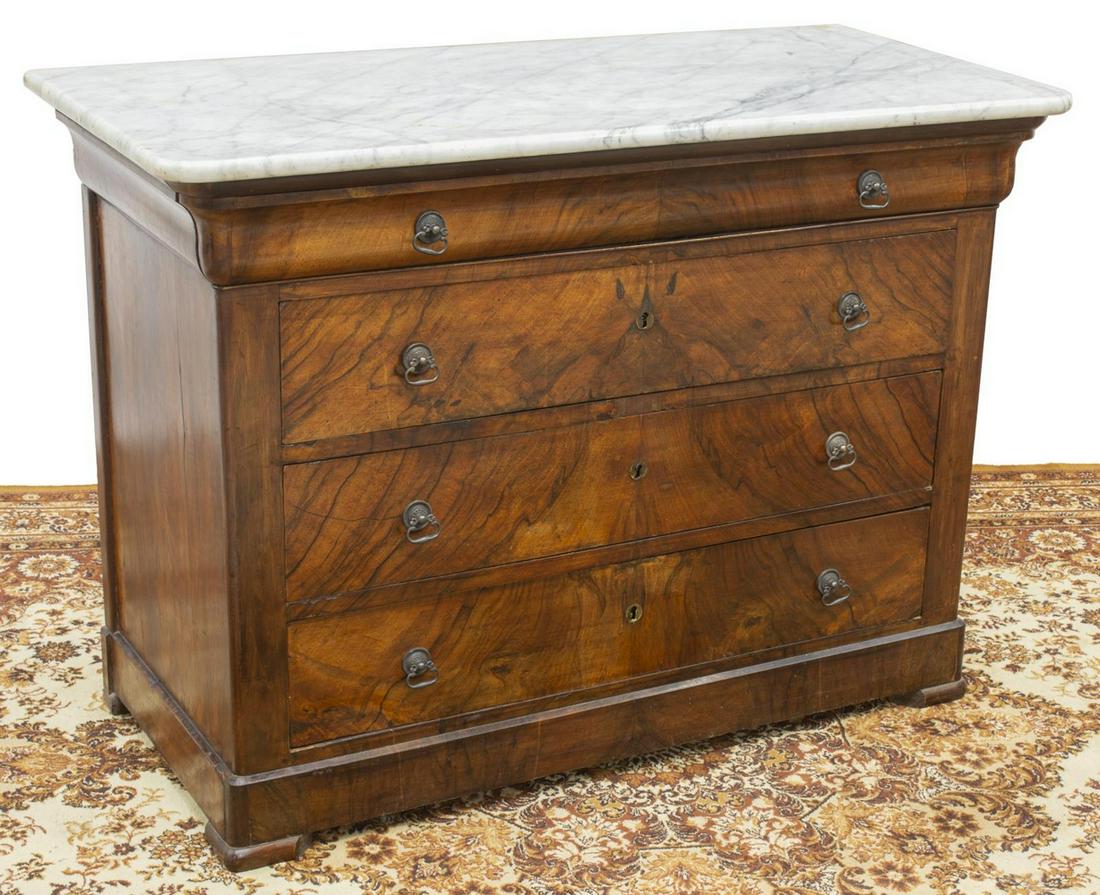 FRENCH LOUIS PHILIPPE PERIOD MARBLE-TOP COMMODE: French Louis Philippe period marble-top commode, mid 19th c., bookmatched figured veneers, ogee frieze drawer, over three additional drawers, all with hanging pulls, rising on bracket feet, approx 34.