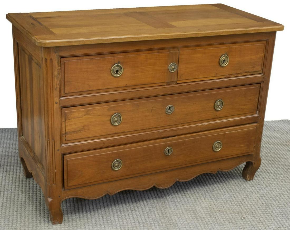 FRENCH LOUIS XV STYLE FRUITWOOD COMMODE: French Provincial Louis XV style fruitwood commode, 19th c., fitted with four drawers, with gilt metal escutcheons and pulls, rising on cabriole legs, approx 33"h, 46.5"w, 21.75"d Start Price: $300.00