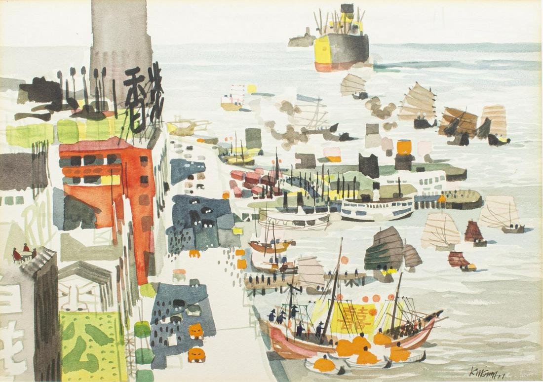 DONG MOY CHU KINGMAN (D.2000) HARBOR CHINESE JUNKS: Framed watercolor painting on paper, Chinese Junks in Harbor, signed lower right Kingman (Dong Moy Chu Kingman, 1911-2000), sight: approx 21"h, 29.25"w, overall: approx 32"h, 39.25"w, 14.75lbs Start P