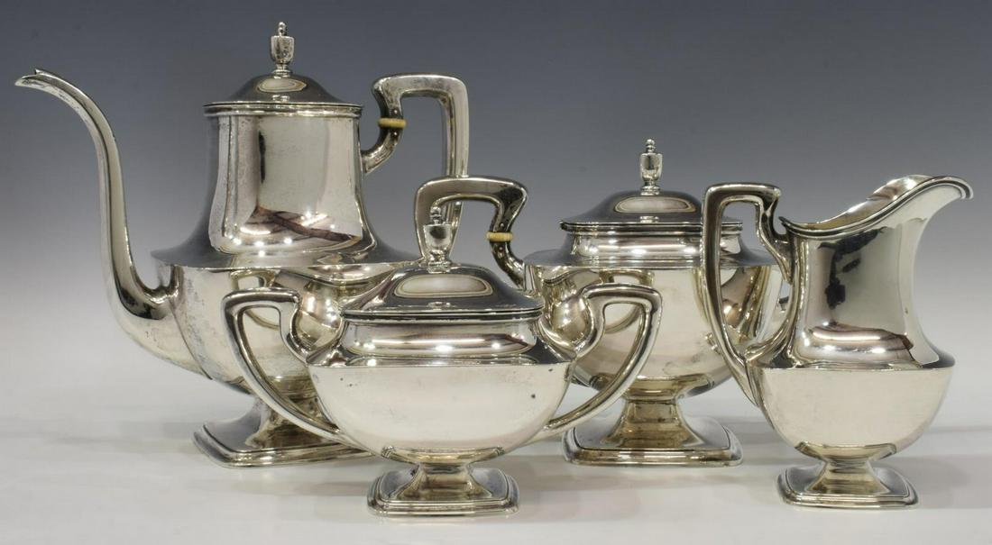 (4) TOWLE STERLING SILVER TEA & COFFEE SERVICE: (lot of 4) American sterling silver tea and coffee set, Towle Silversmiths, pattern number 7677, with urn-form finials, bracket handles, squared bodies, on a square pedestal foot, including: (1) coffe