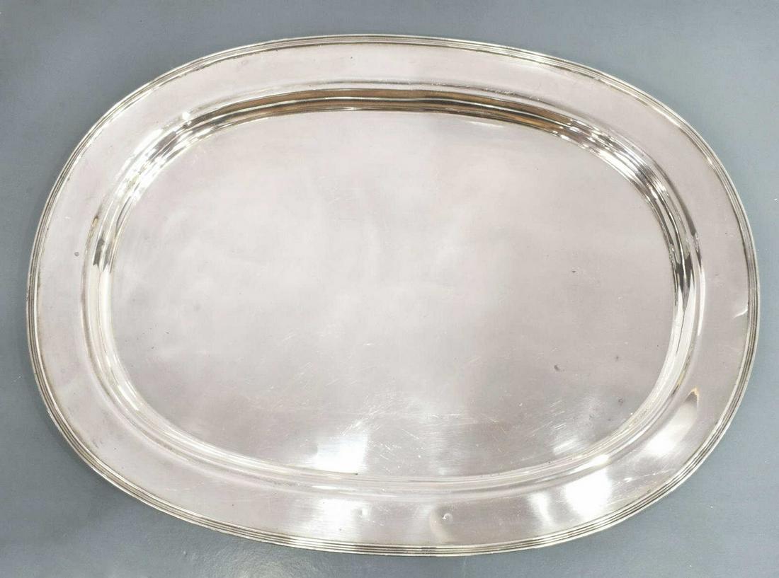 LARGE UNGER BROTHERS STERLING 22" SERVING PLATTER: American sterling silver serving platter/ tray, Unger Brothers, with reeded border, not monogrammed, slightly out of shape, approx 22"l, 16.5"w, 50.79ozt Start Price: $400.00