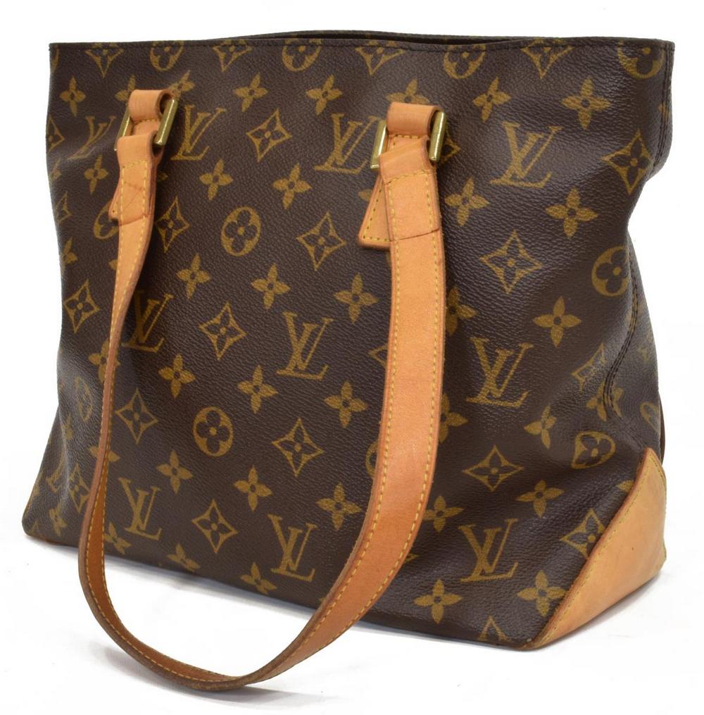 LOUIS VUITTON 'CABAS PIANO' MONOGRAM TOTE BAG: Louis Vuitton "Cabas Piano" tote bag, in brown and tan monogram coated canvas, with brass hardware, tan vachetta leather trim, dual flat shoulder straps, brown canvas lining, zip closure at top, retai
